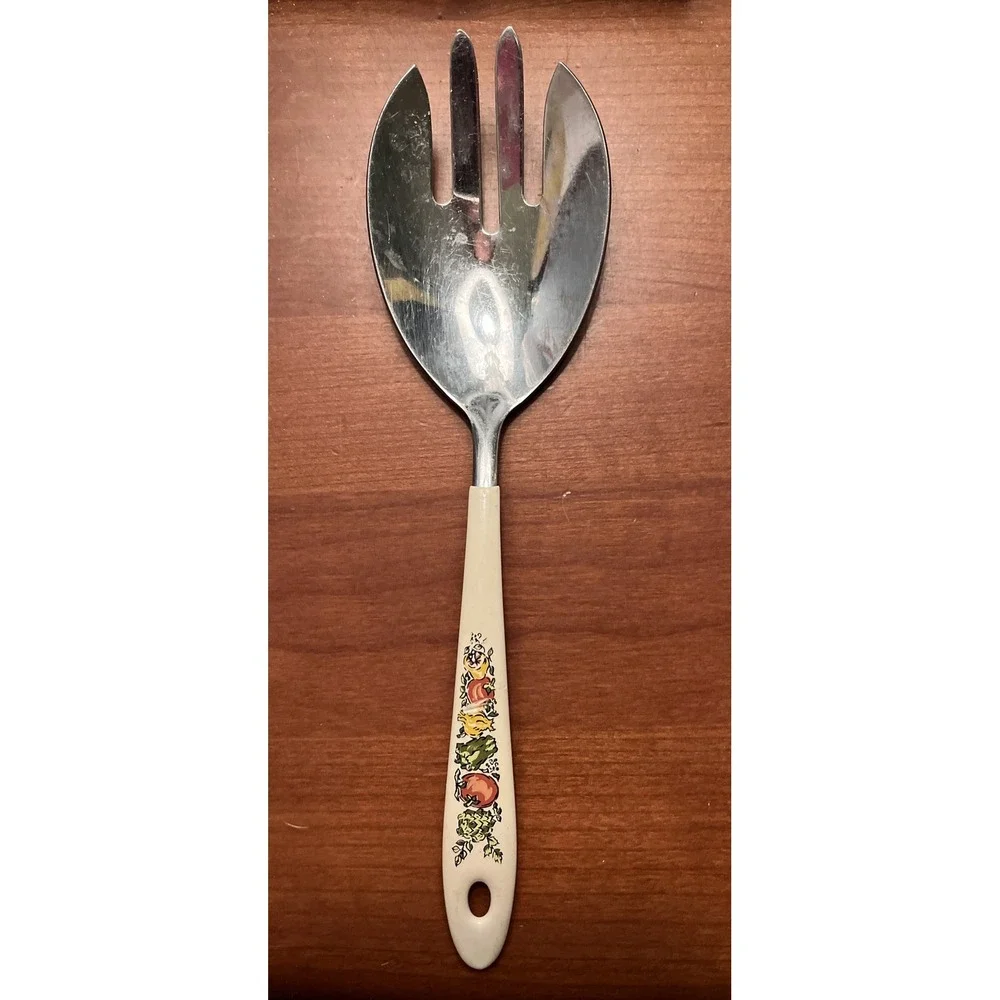 Vintage Stainless Steel Salad Serving Fork Vegetable Pattern Cream Handle Retro